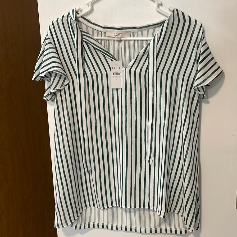 COPY - Striped Flutter Tie Neck Loft Shirt